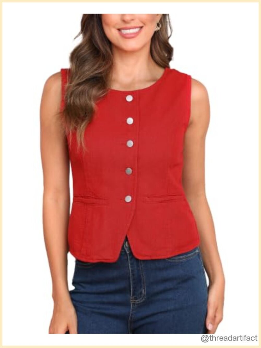 Crewneck Denim Vest Sleeveless Button Down Jean Vest Fitted Cropped Waistcoat